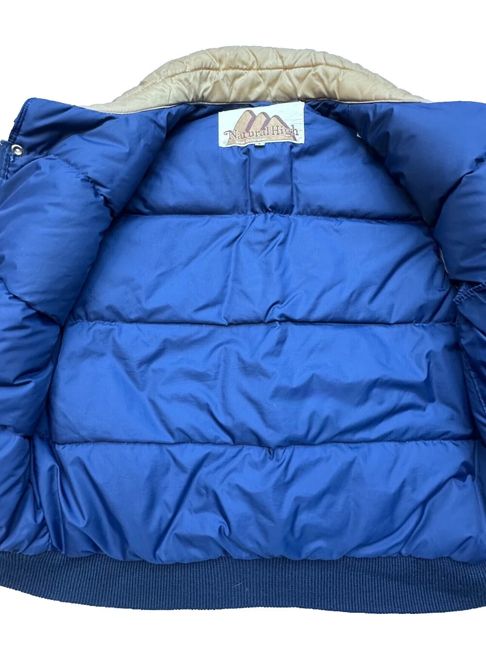 Vintage Natural High Down Puffer Vest Mens L Navy Tan 80s Western Ski Outdoor